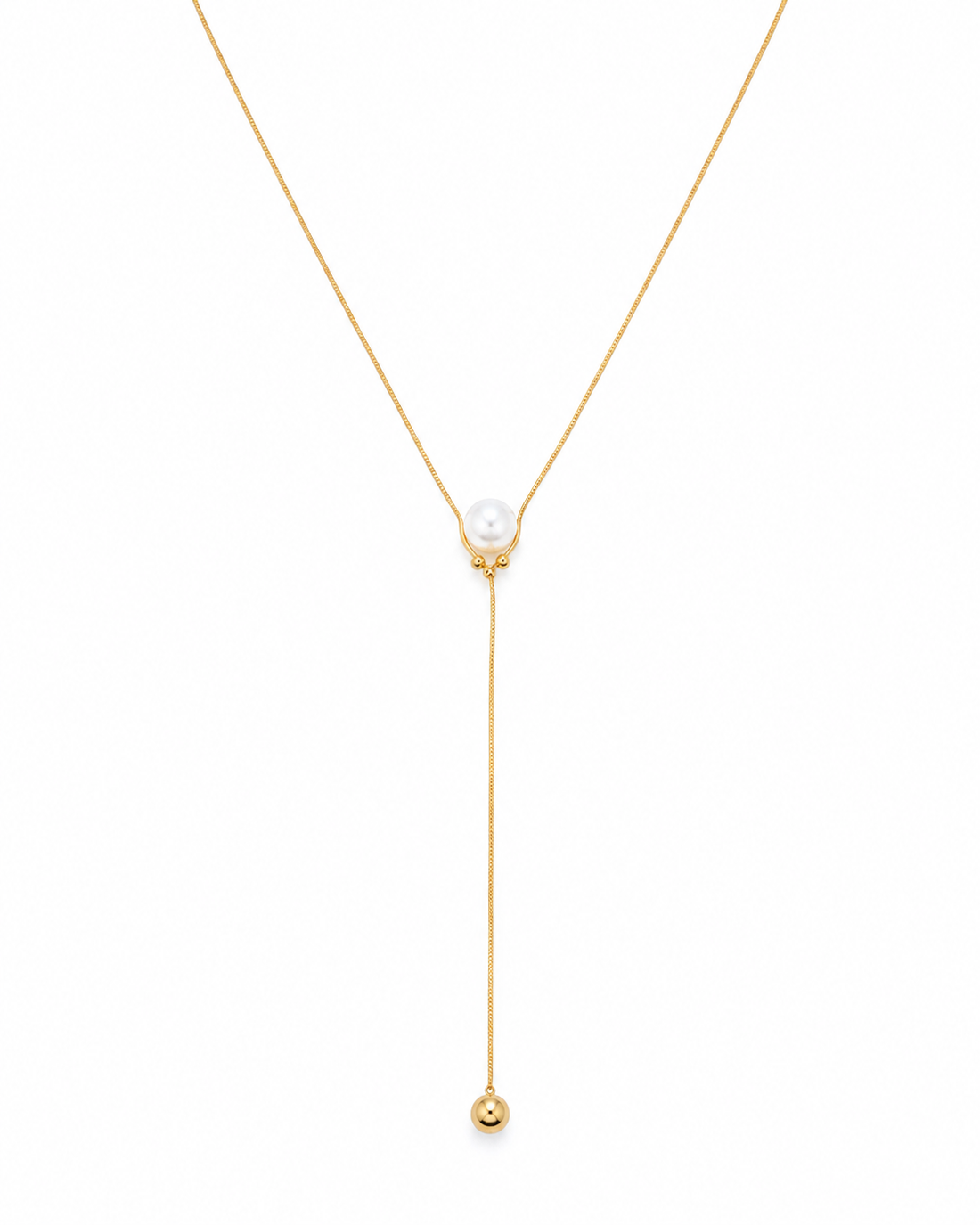 A delicate gold Y-necklace featuring a central white pearl and a long drop chain ending in a small gold bead, set against a plain white background.