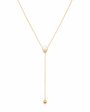 A delicate gold Y-necklace featuring a central white pearl and a long drop chain ending in a small gold bead, set against a plain white background.