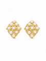 A pair of gold and pearl stud earrings with a diamond-shaped design, set against a plain white background.