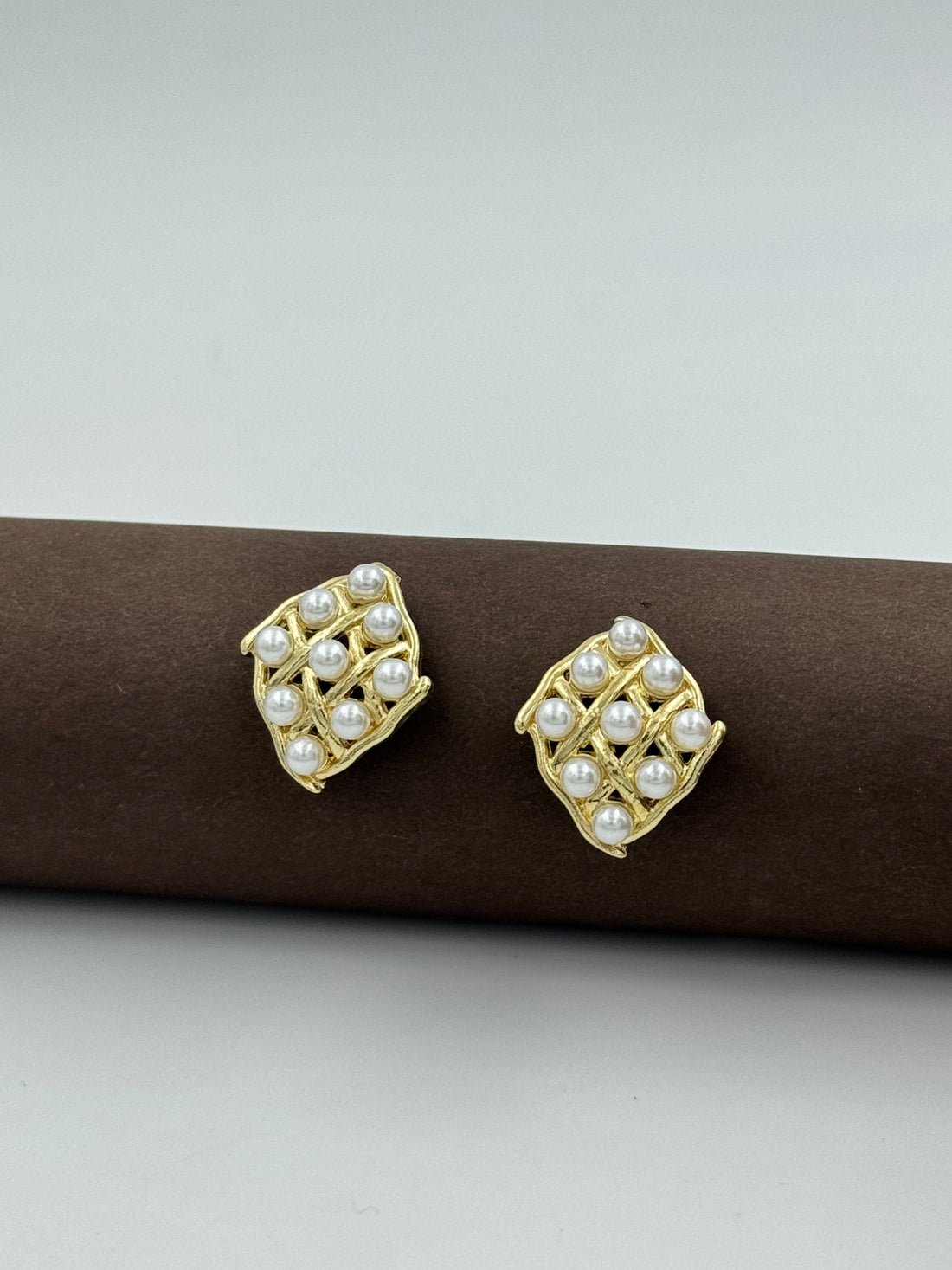 Vintage Pearl Grid Stud Earrings